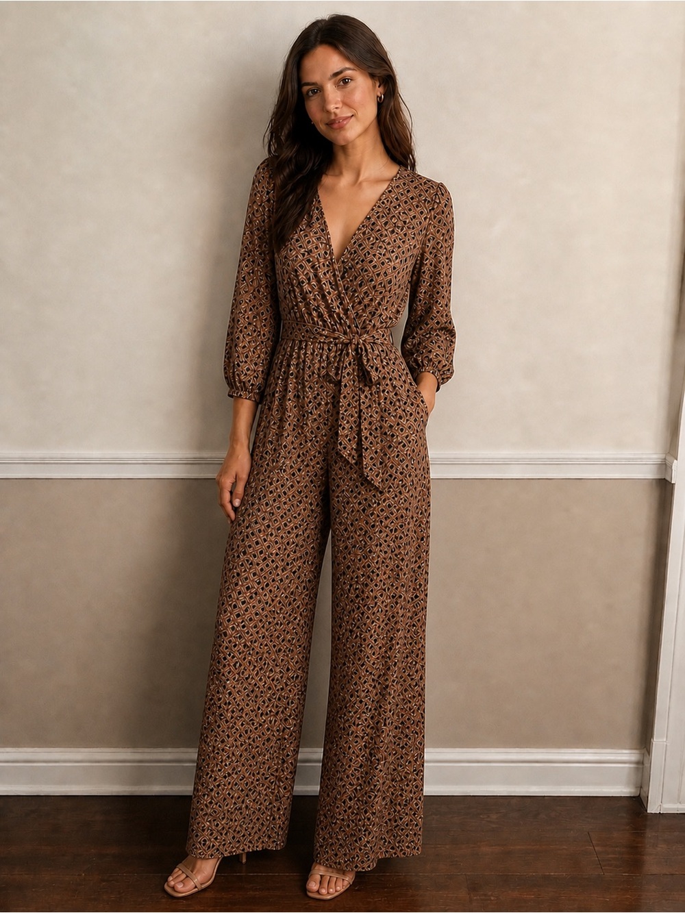 Brown Printed Jumpsuit with Tie Waist